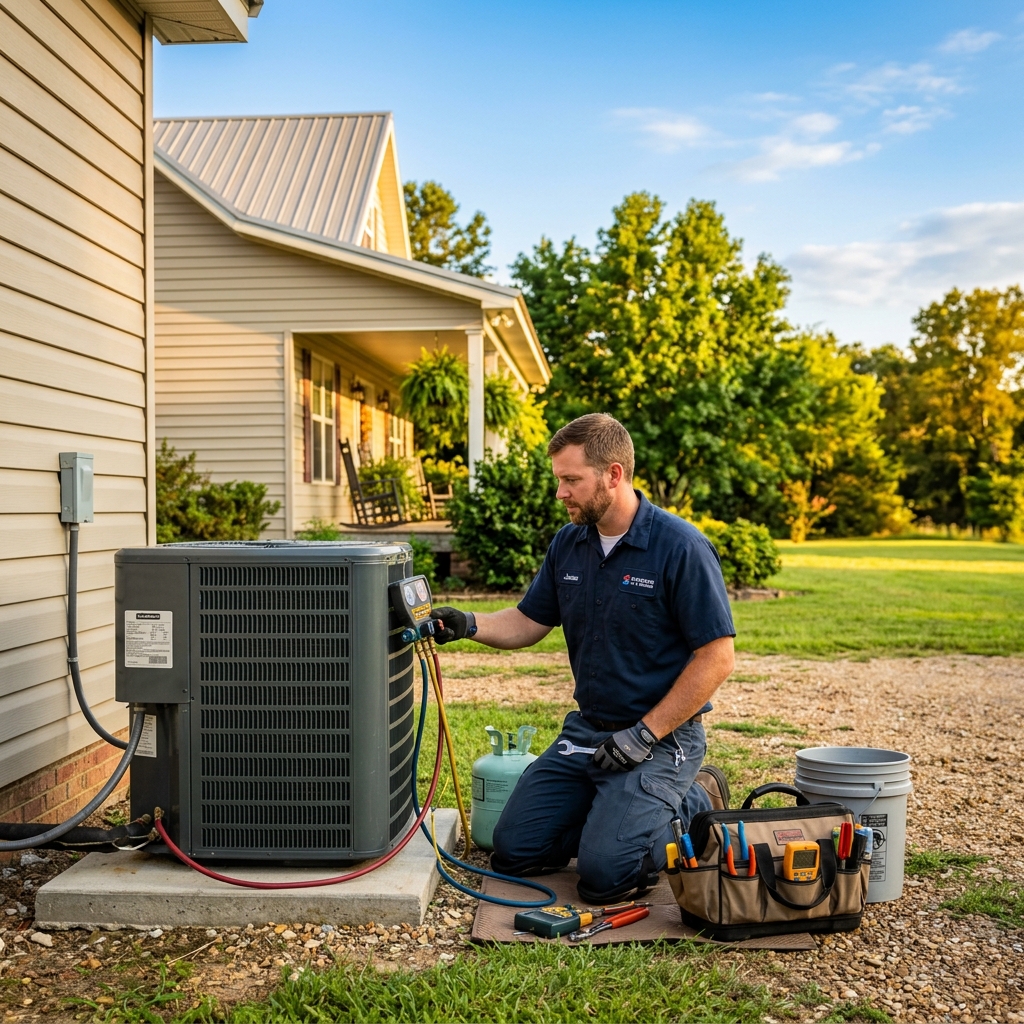 HVAC technician working on AC unit in Ripley MS